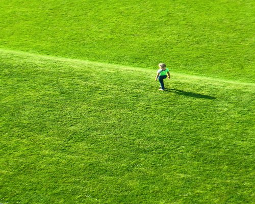 Person walking comfortably on green grass in sunlight